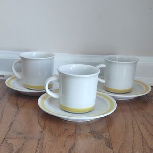 3 Sets of Vintage Chadds Ford White and Yellow Stoneware Cup and Saucers